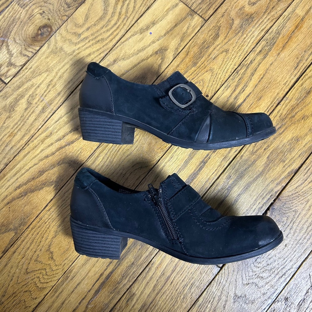 Earth Origins Dylan Black‎ Leather Ankle Boots Buckle Zip Low Block Heel 9W
